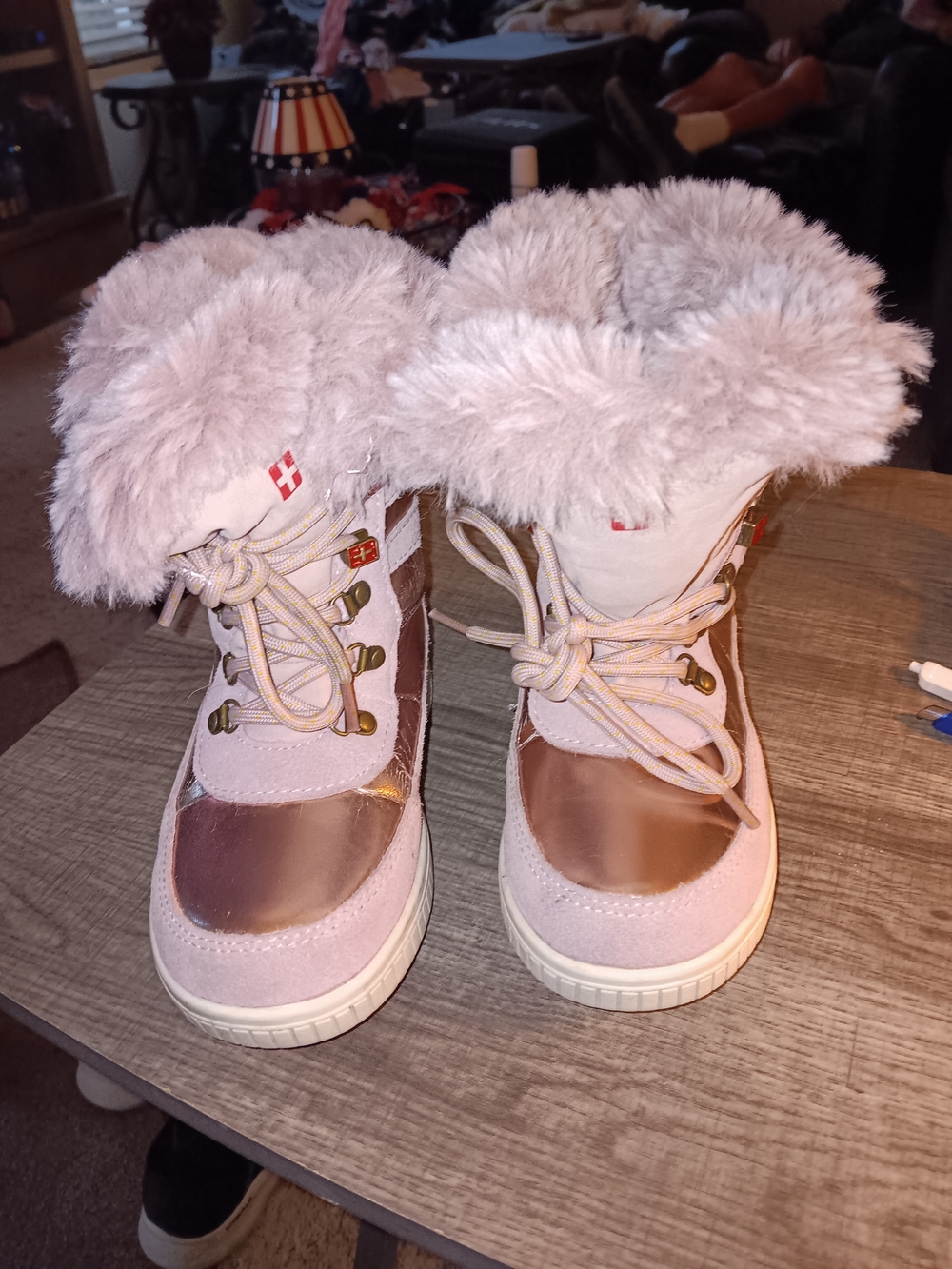 Girls Size 10, Pink Faux-Fur Winter Boots - Cozy Lace-Up Boots